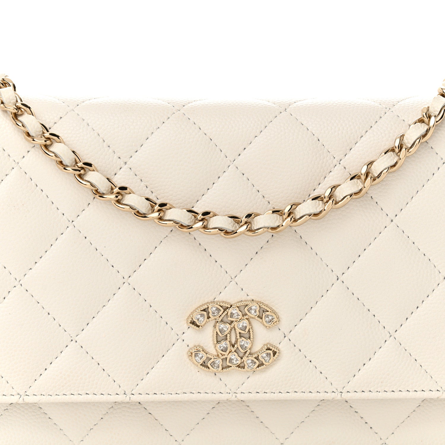 Chanel Caviar Quilted Crystal Heart CC Wallet On Chain WOC White 9 of 12