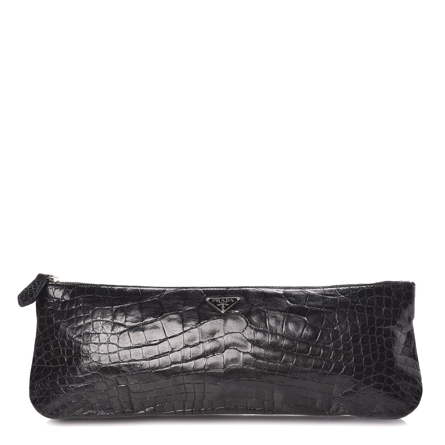 Prada Calfskin Crocodile Embossed Long Clutch Black 1 of 9