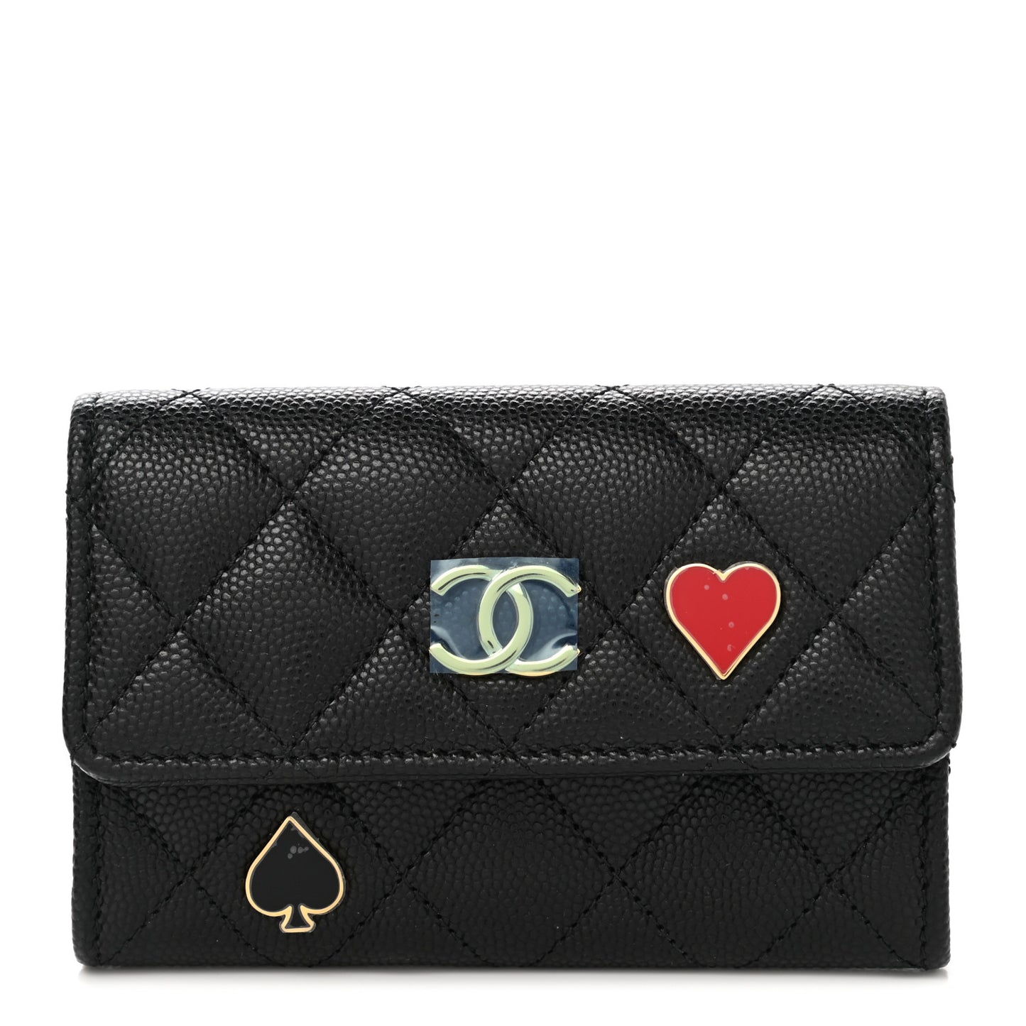 Caviar Quilted Enamel Coco Casino Flap Card Holder Wallet Black