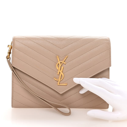 Saint Laurent Grain De Poudre Matelasse Chevron Monogram Envelope Clutch Dark Beige 2 of 8