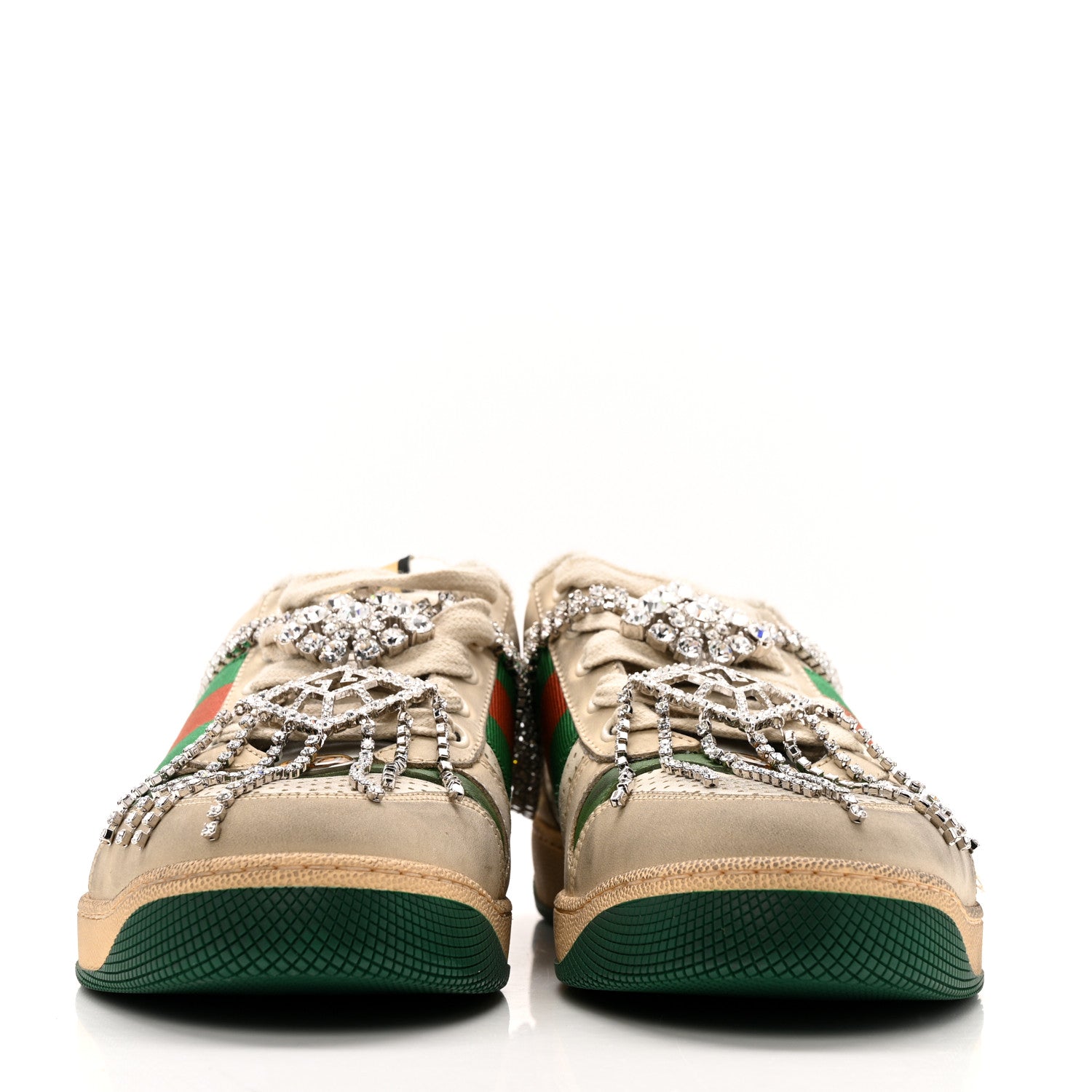 Gucci Nubuck Calfskin Web Removable Crystals Mens Screener Sneakers 7 Dusty Milk New Mystic White 3 of 12
