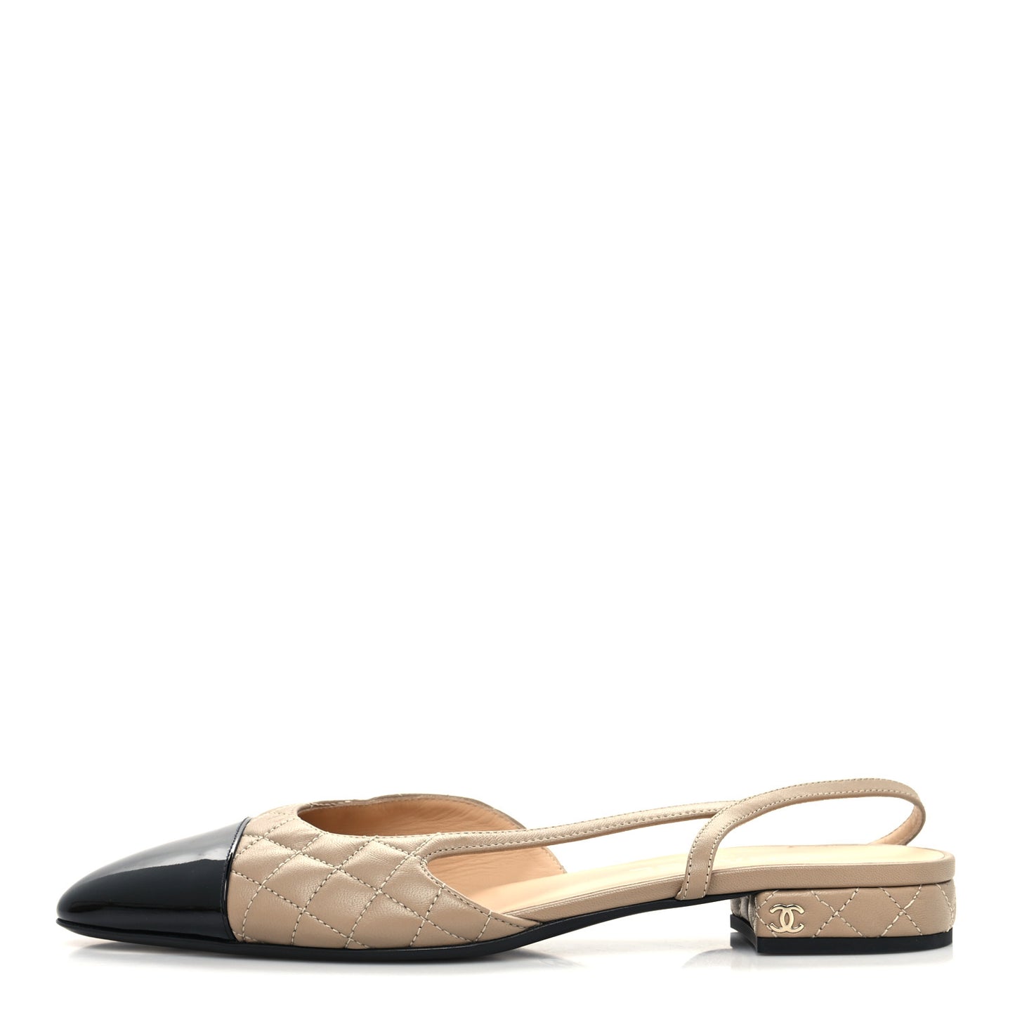 Lambskin Patent Cap Toe CC Slingback Flats Beige Black