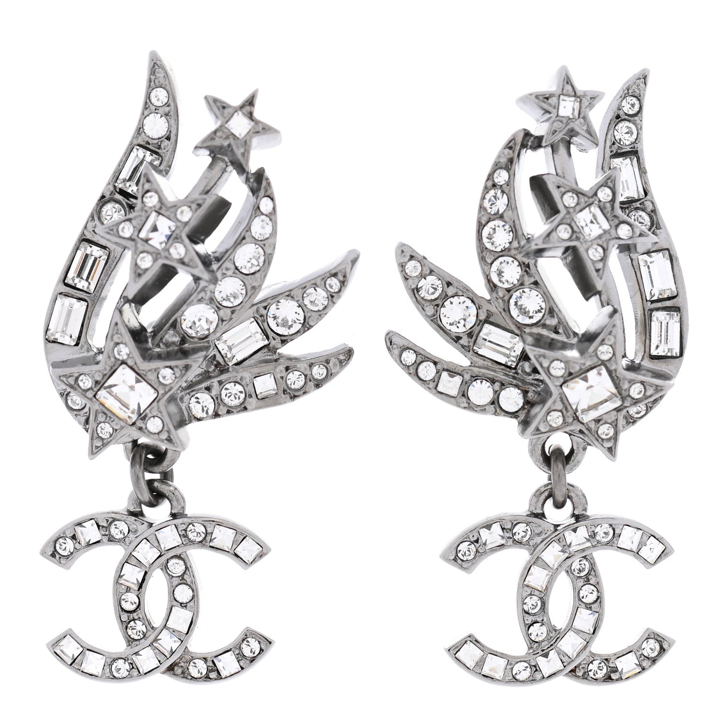 Crystal Baguette CC Wing Star Earrings Silver