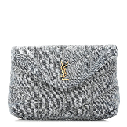 Saint Laurent Denim Quilted Monogram Loulou Puffer Pouch Clutch Blue Gray Light Azur 1 of 9