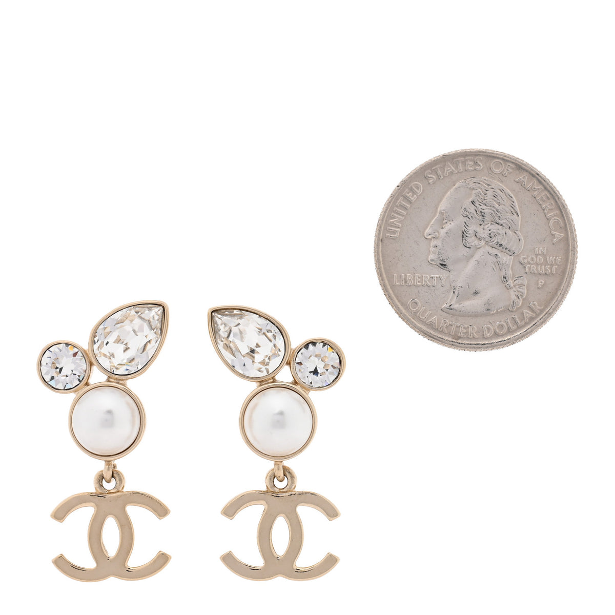 Chanel Pearl Crystal CC Drop Earrings Gold 2 of 4