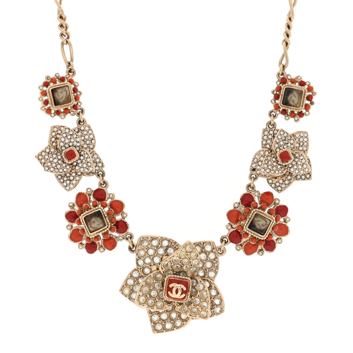 Crystal Gripoix CC Flower Cluster Necklace Gold Red Orange