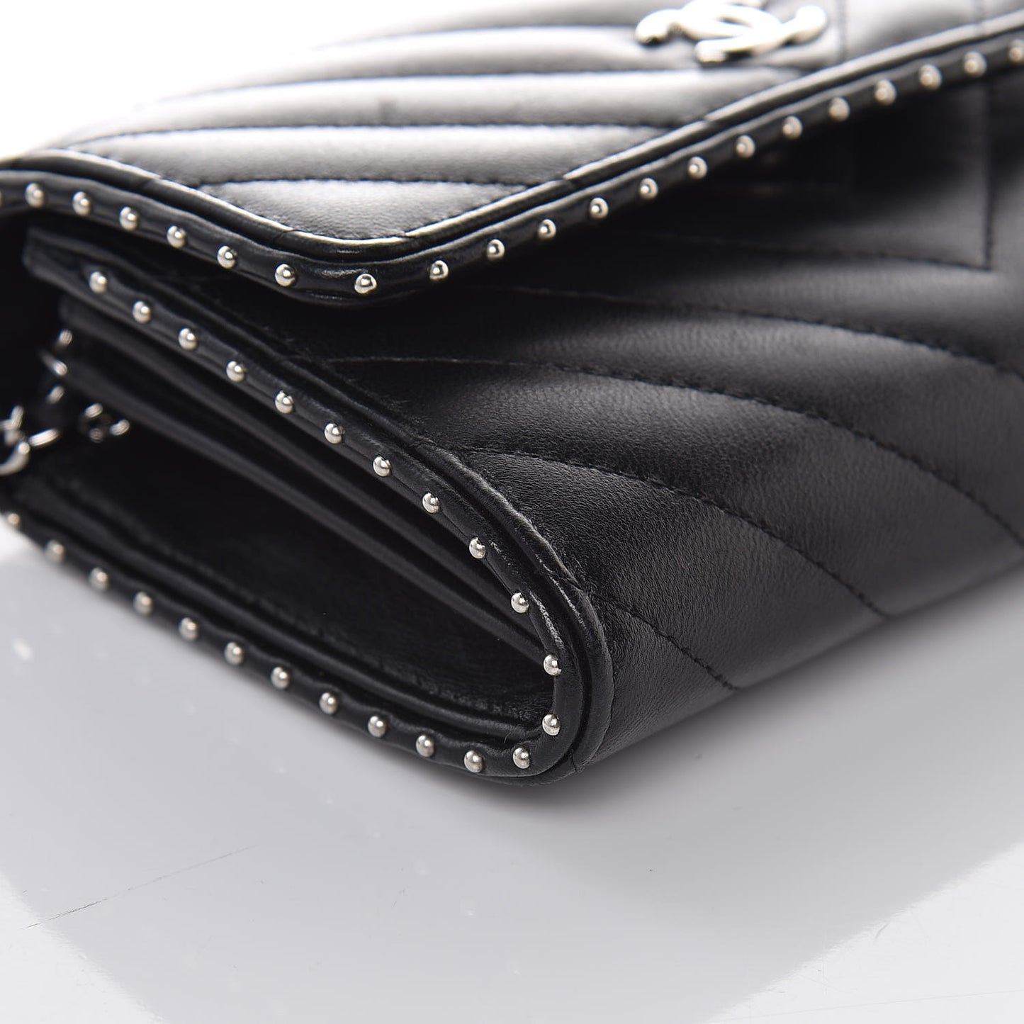 Lambskin Chevron Quilted Studded Clutch With Chain WOC Black