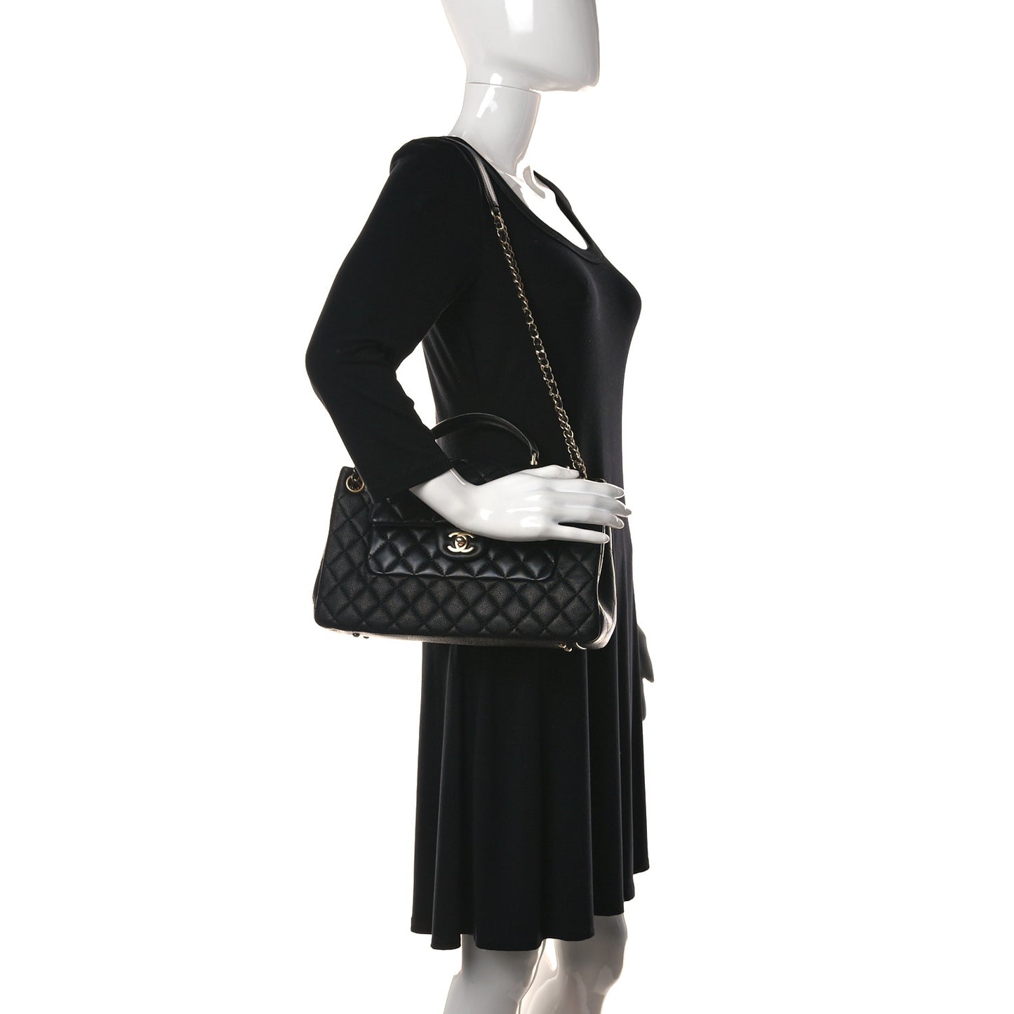 Caviar Calfskin Quilted Top Handle Flap Black