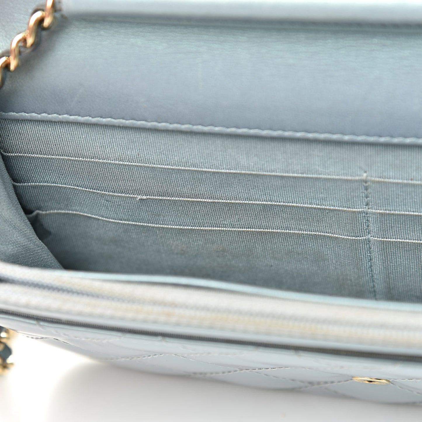 Metallic Patent Calfskin Quilted Boy Wallet on Chain WOC Light Blue