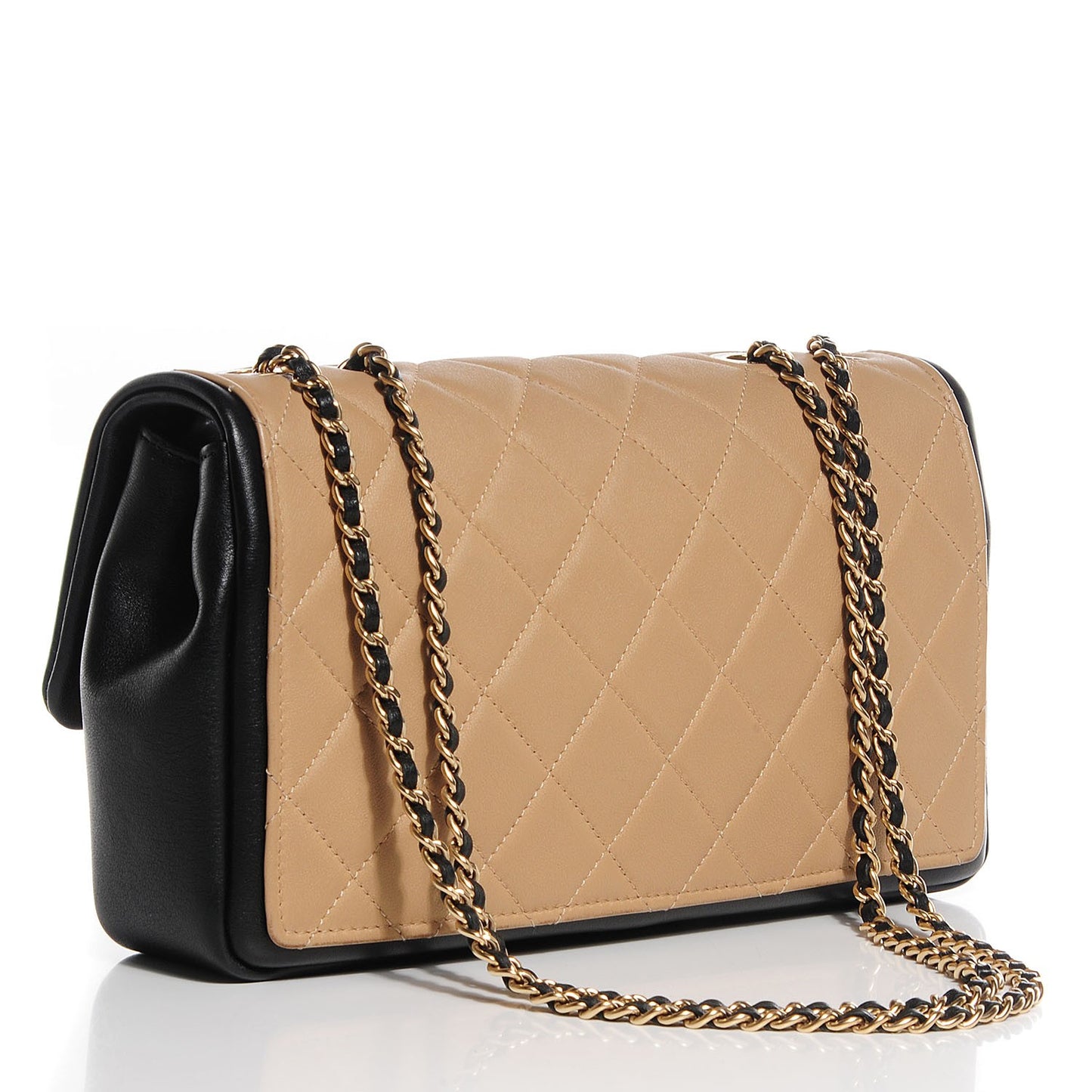 Calfskin Quilted Medium Graphic Flap Beige Black