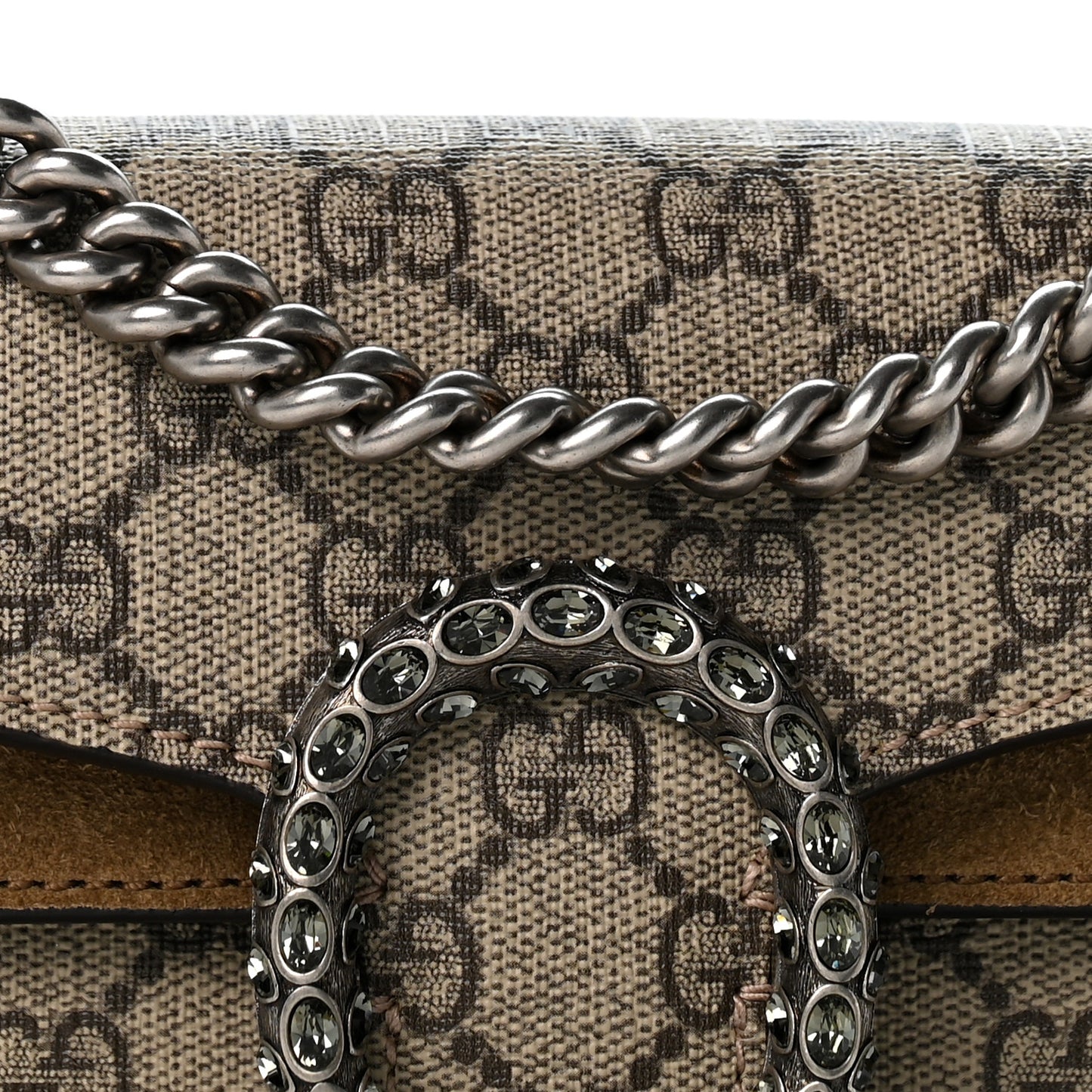 GG Supreme Monogram Suede Crystal Small Dionysus Shoulder Bag Beige Ebony Taupe