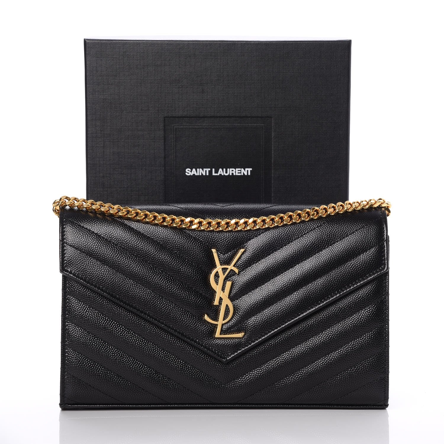 Saint Laurent Grain De Poudre Matelasse Chevron Monogram Chain Wallet Black 8 of 8