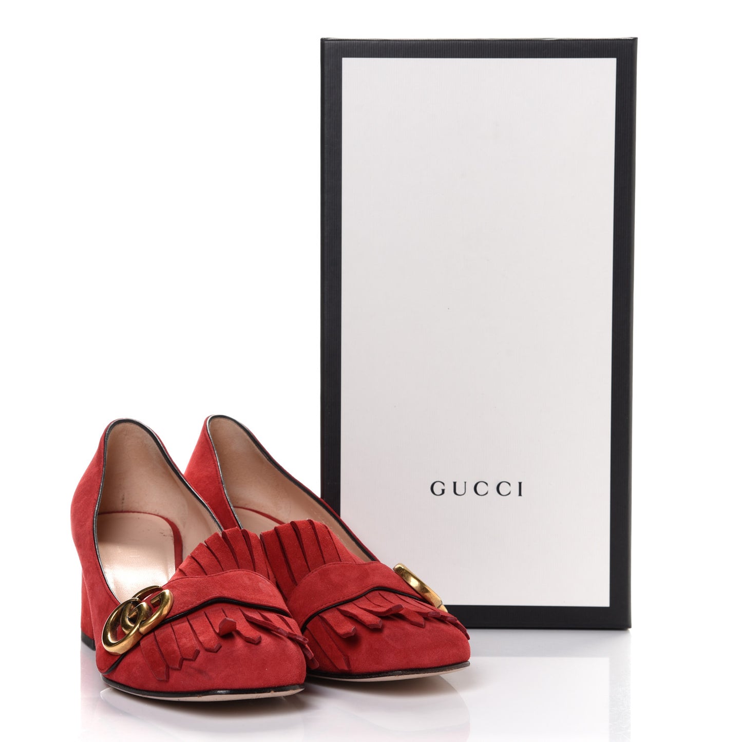 Kid Scamosciato GG Marmont Fringe 50mm Loafer Pumps 37.5 Vulcanic Red