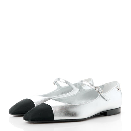 Chanel Calfskin Patent Mary Janes Flats 36 Silver Black 3 of 10