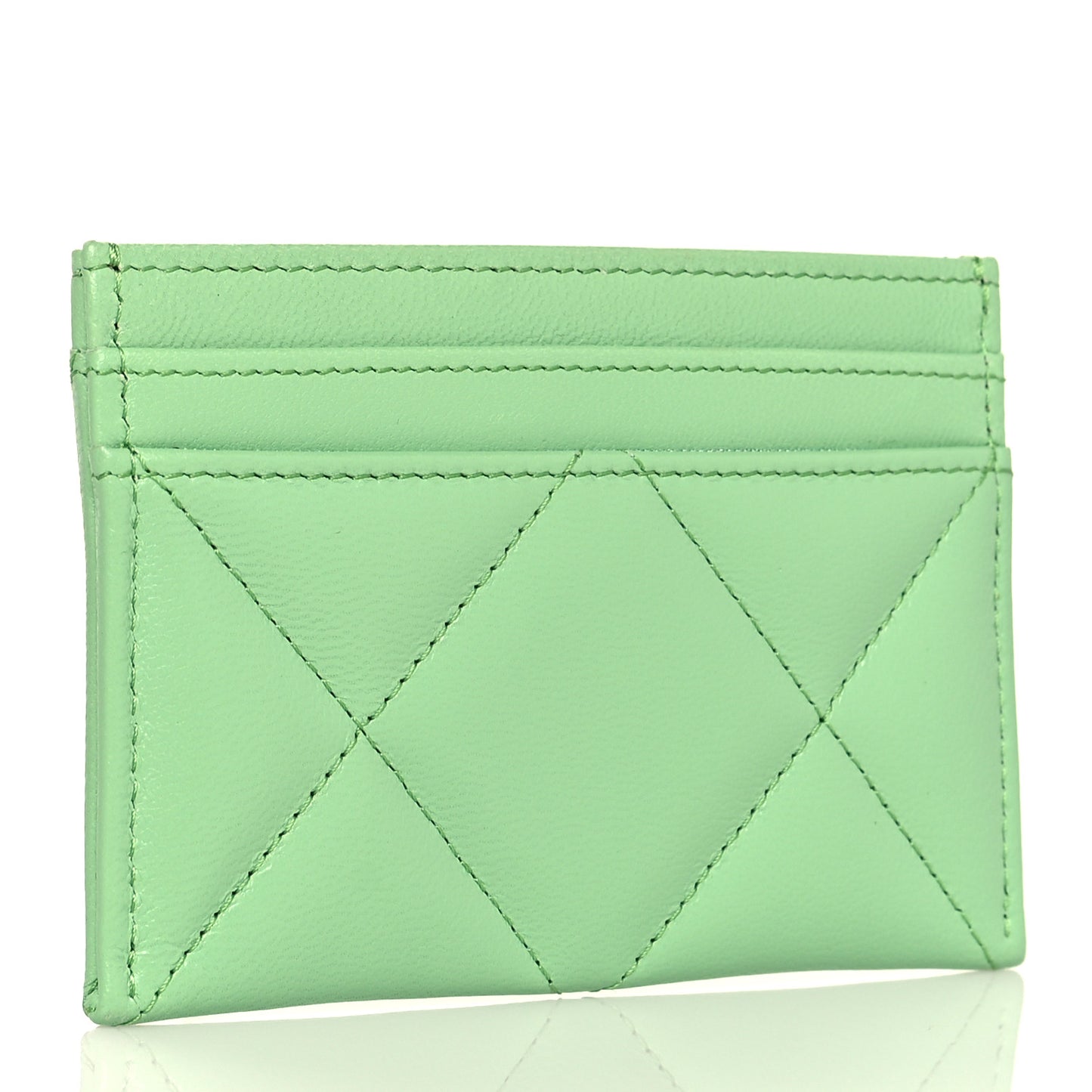 Shiny Goatskin Quilted Chanel 19 Card Holder Green