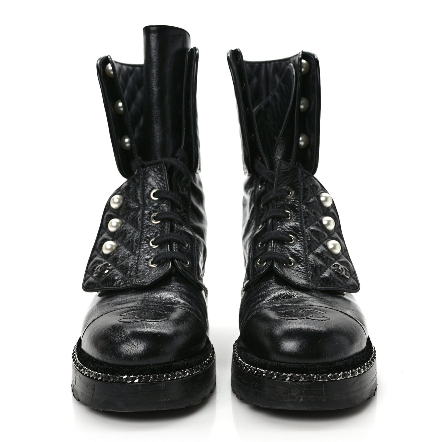 Crackled Calfskin Velvet Pearl Combat Ankle Boots 38 Black