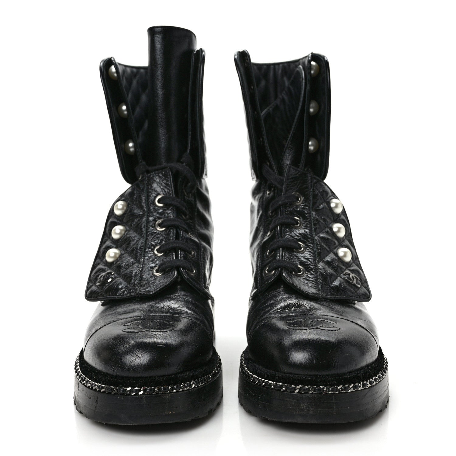 Chanel Crackled Calfskin Velvet Pearl Combat Ankle Boots 38 Black 2 of 9