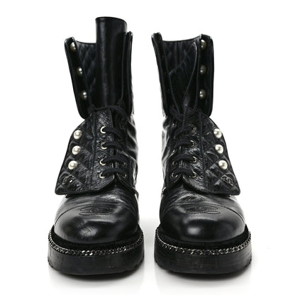 Chanel Crackled Calfskin Velvet Pearl Combat Ankle Boots 38 Black 2 of 9