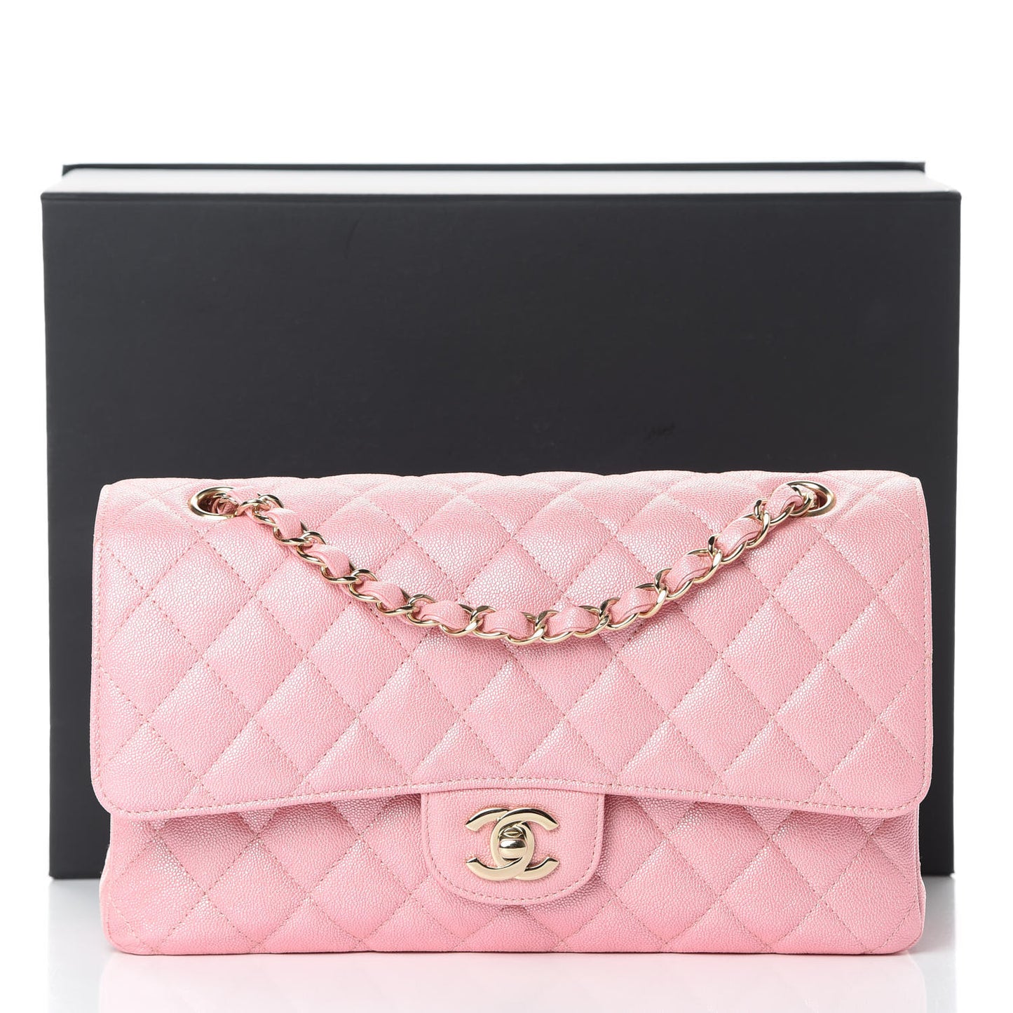 Iridescent Caviar Quilted Medium Double Flap Rose Pink