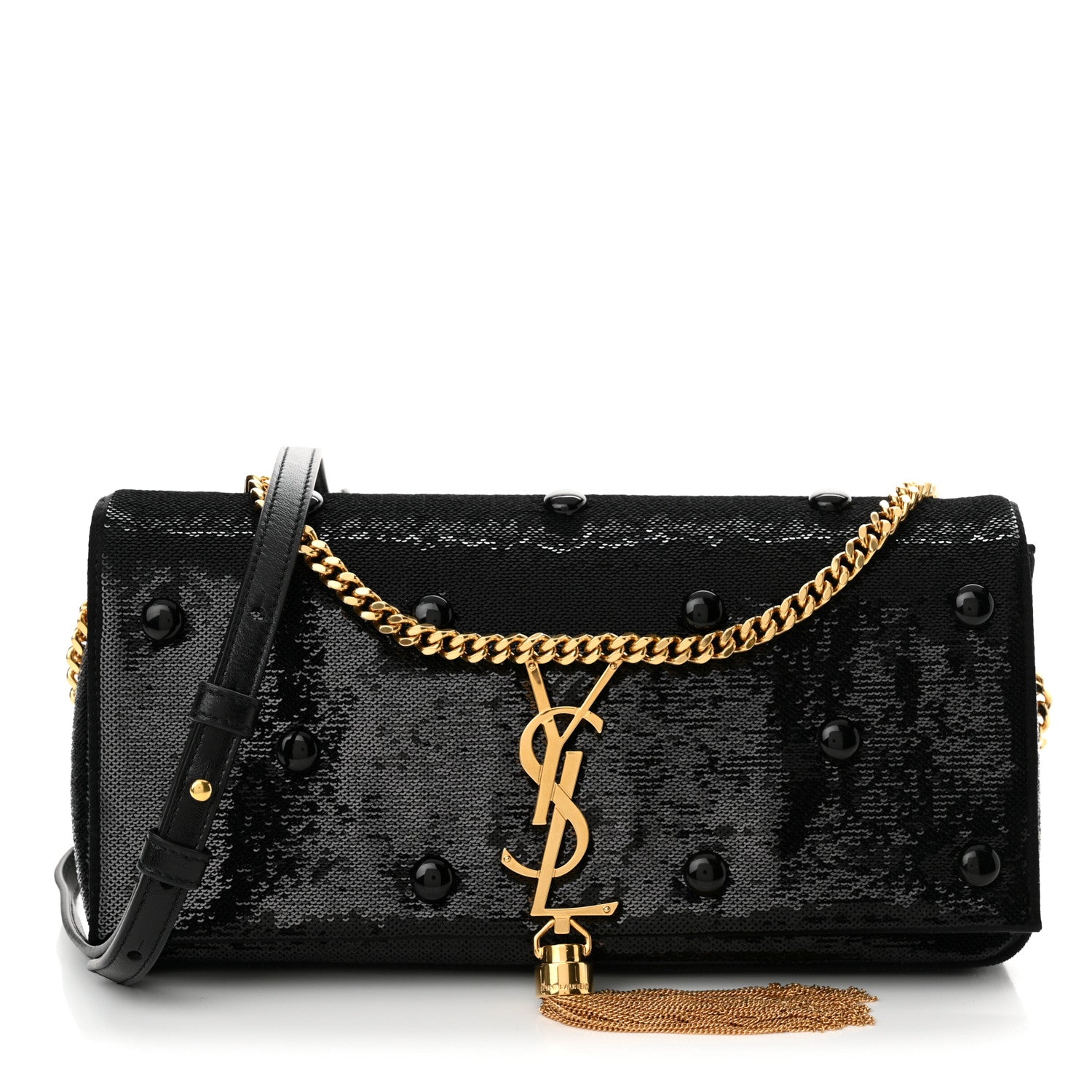 Saint Laurent Sequin Satin Monogram Tassel Kate 99 Black 1565488
