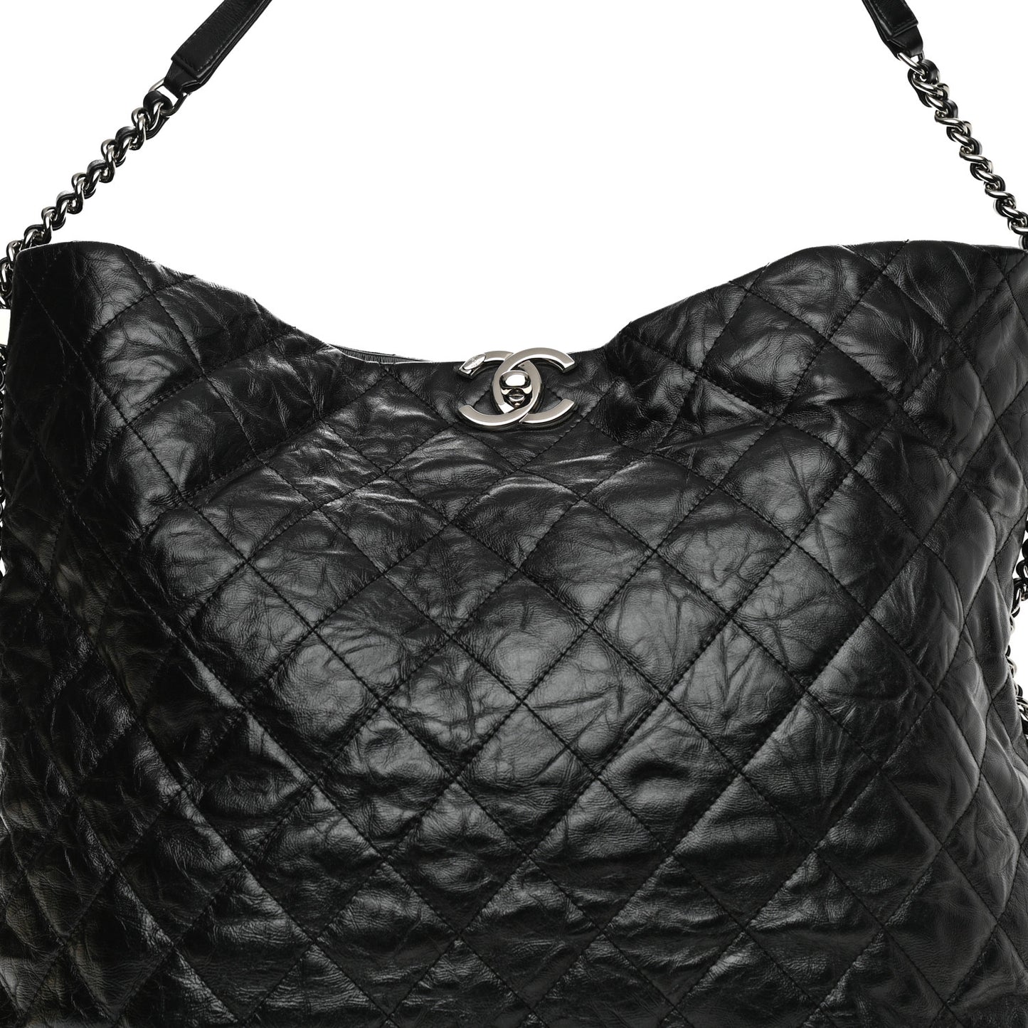 Metallic Crackled Calfskin Quilted Large Big Bang Hobo Black