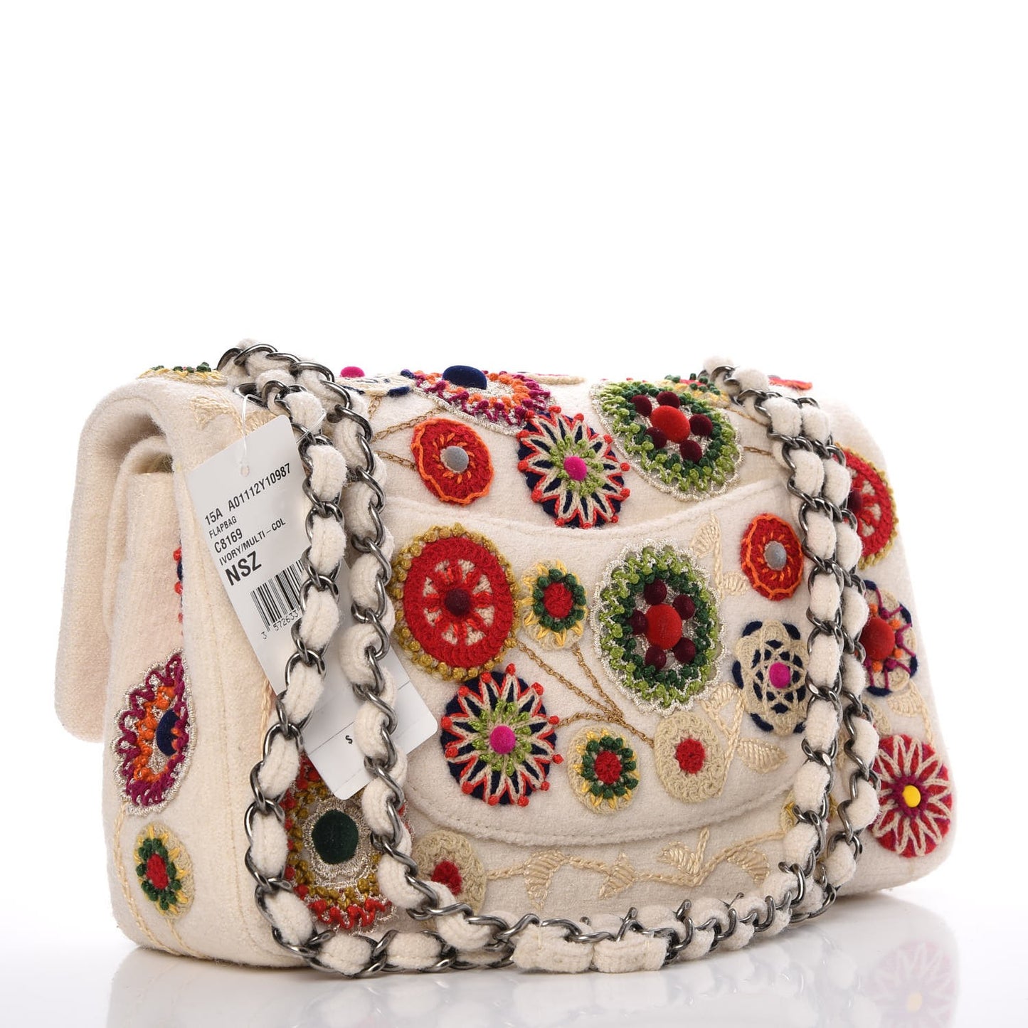 Felt Flower Embroidered Small Double Flap Ivory Multicolor