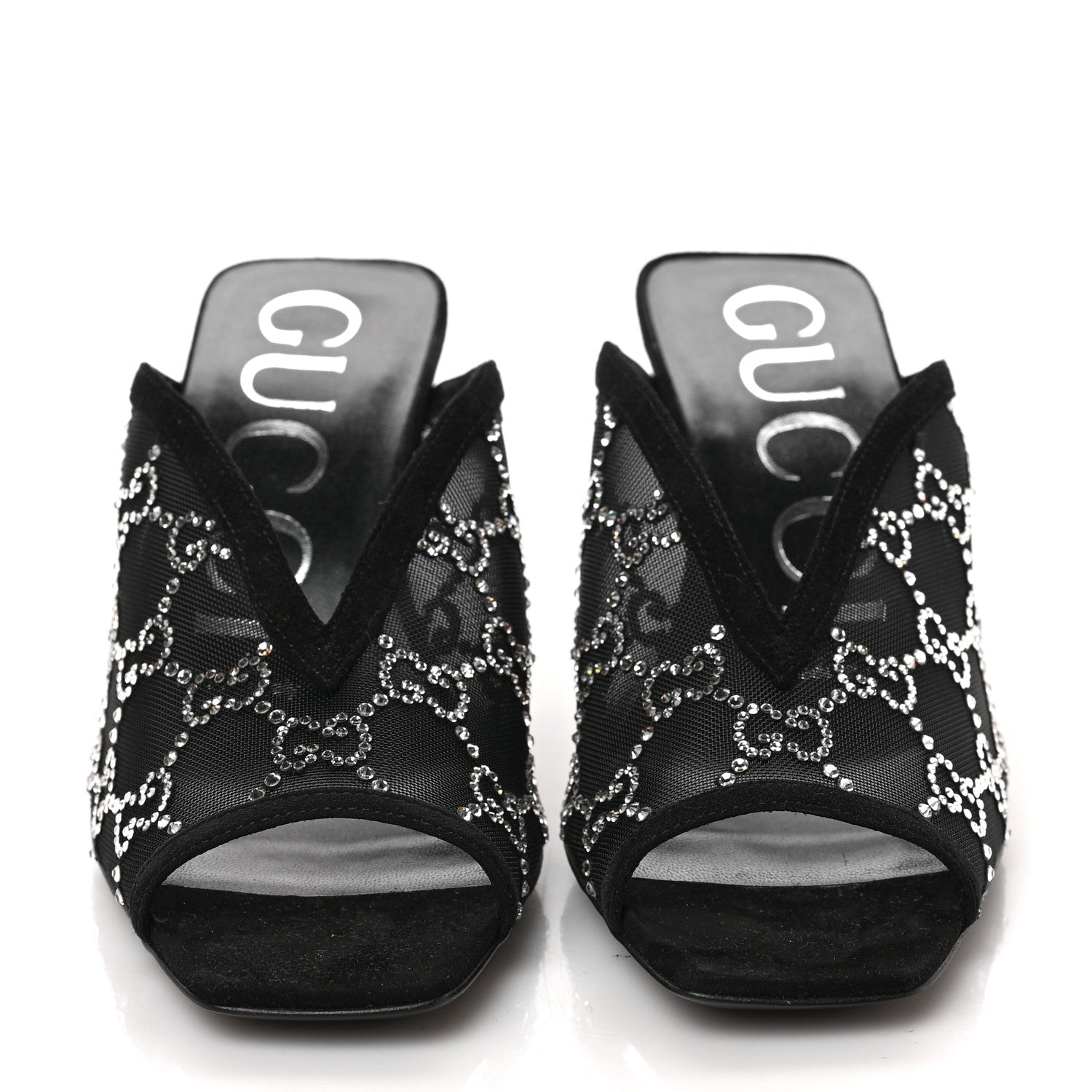 Gucci Tela Retino Kid Scamosciato Crystal GG Monogram Square G 95mm Slide Sandals 36.5 Black 2 of 8
