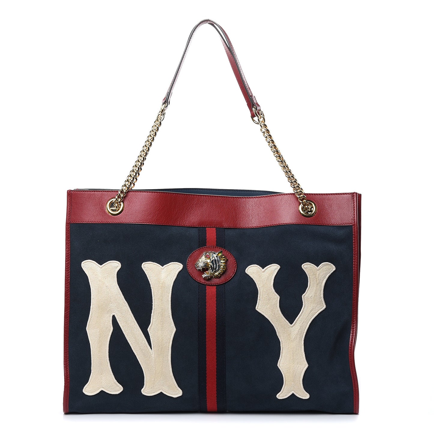 X MLB Suede Calfskin NY Yankees Large Rajah Chain Tote New Blue Romantic Cherry