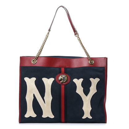 Gucci X MLB Suede Calfskin NY Yankees Large Rajah Chain Tote New Blue Romantic Cherry 1 of 12