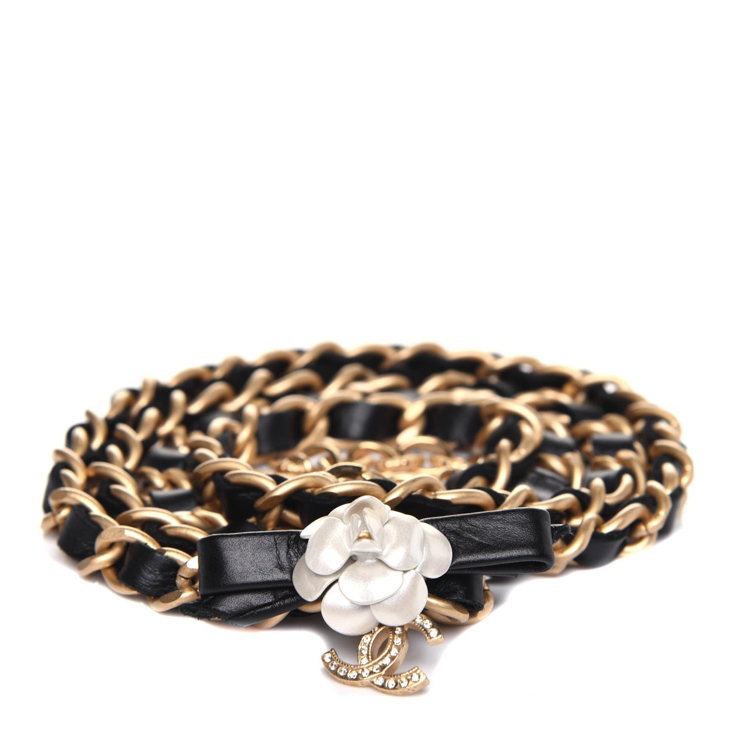 Chanel Calfskin Crystal Chain Camellia Belt 90 Black Gold 3 of 6