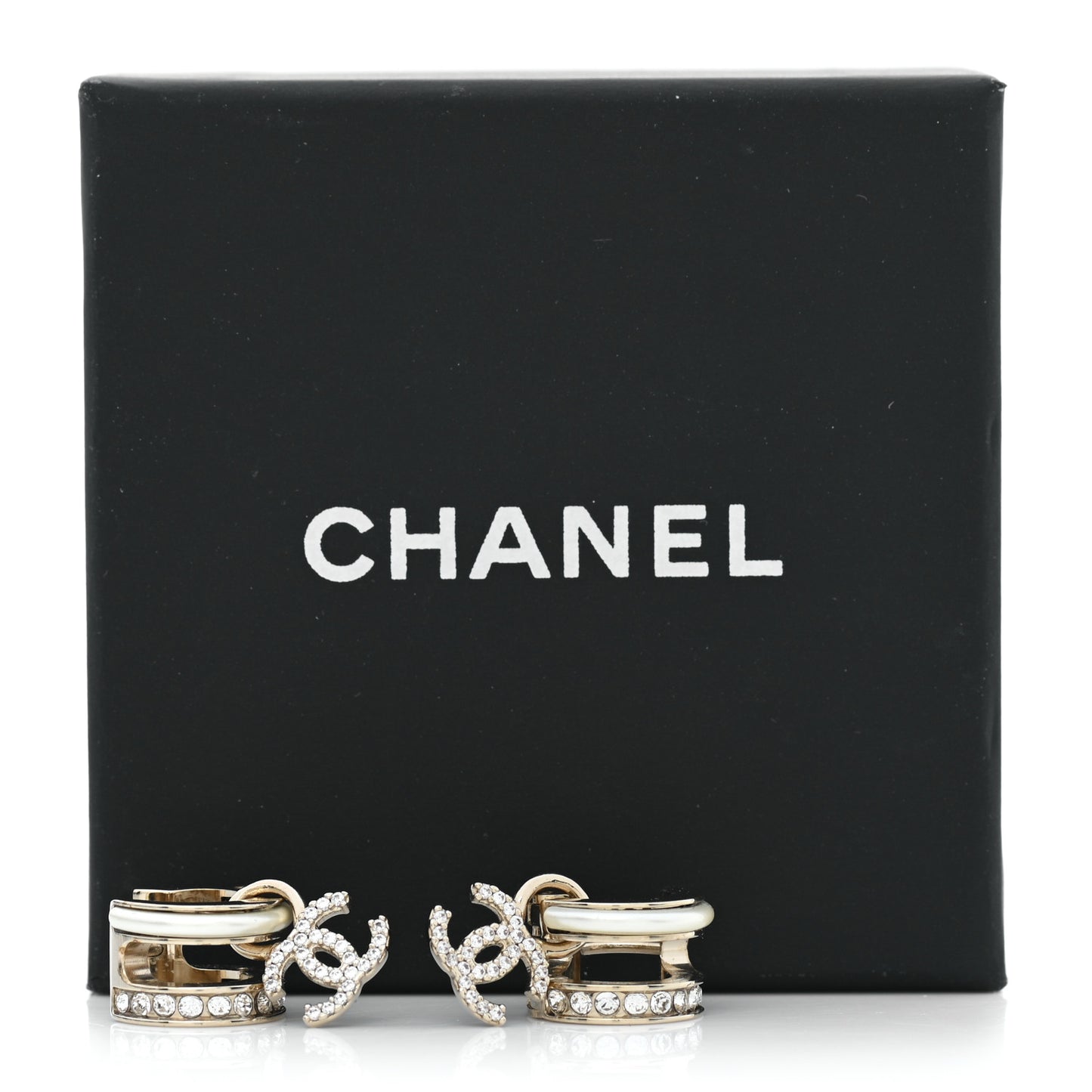 Crystal CC Hoop Drop Earrings Gold Pearly White