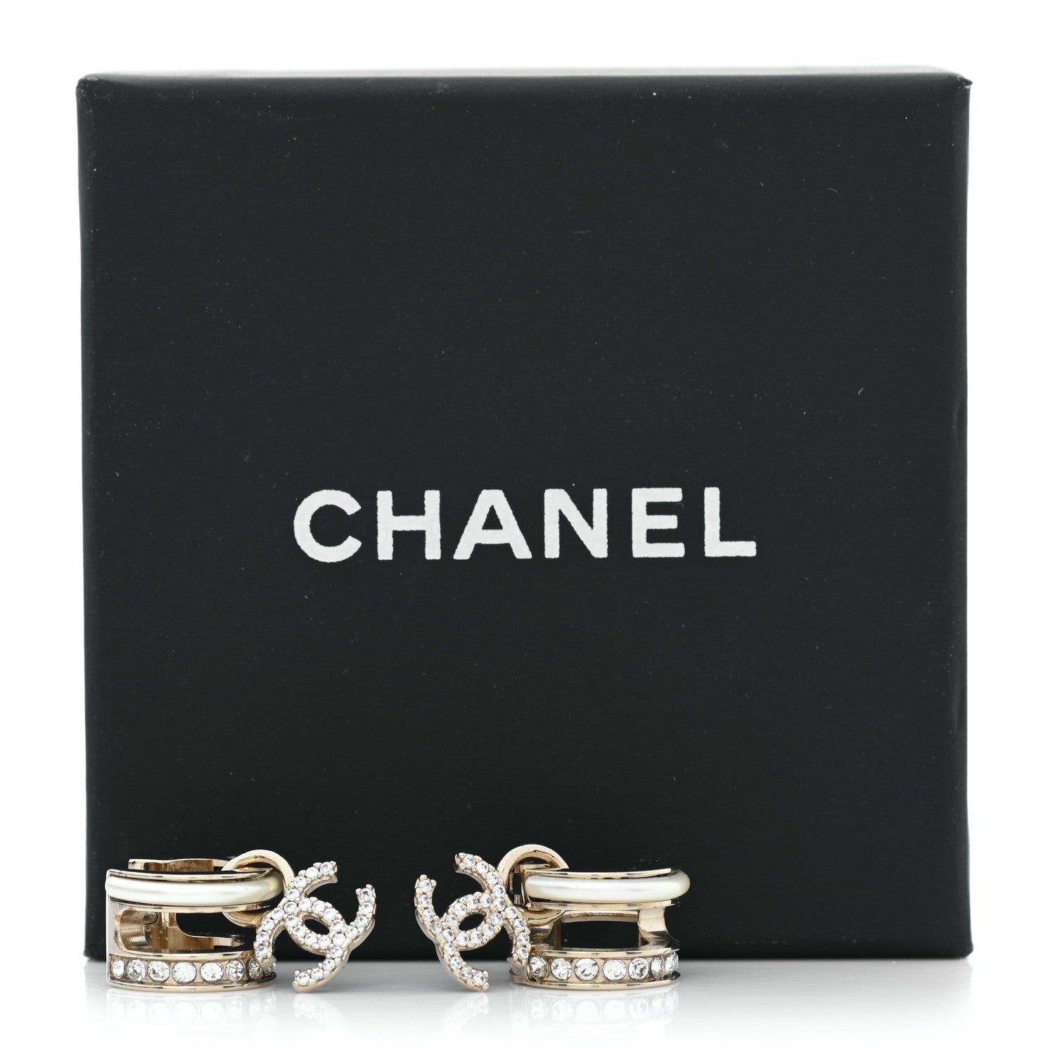 Chanel Crystal CC Hoop Drop Earrings Gold Pearly White 5 of 5