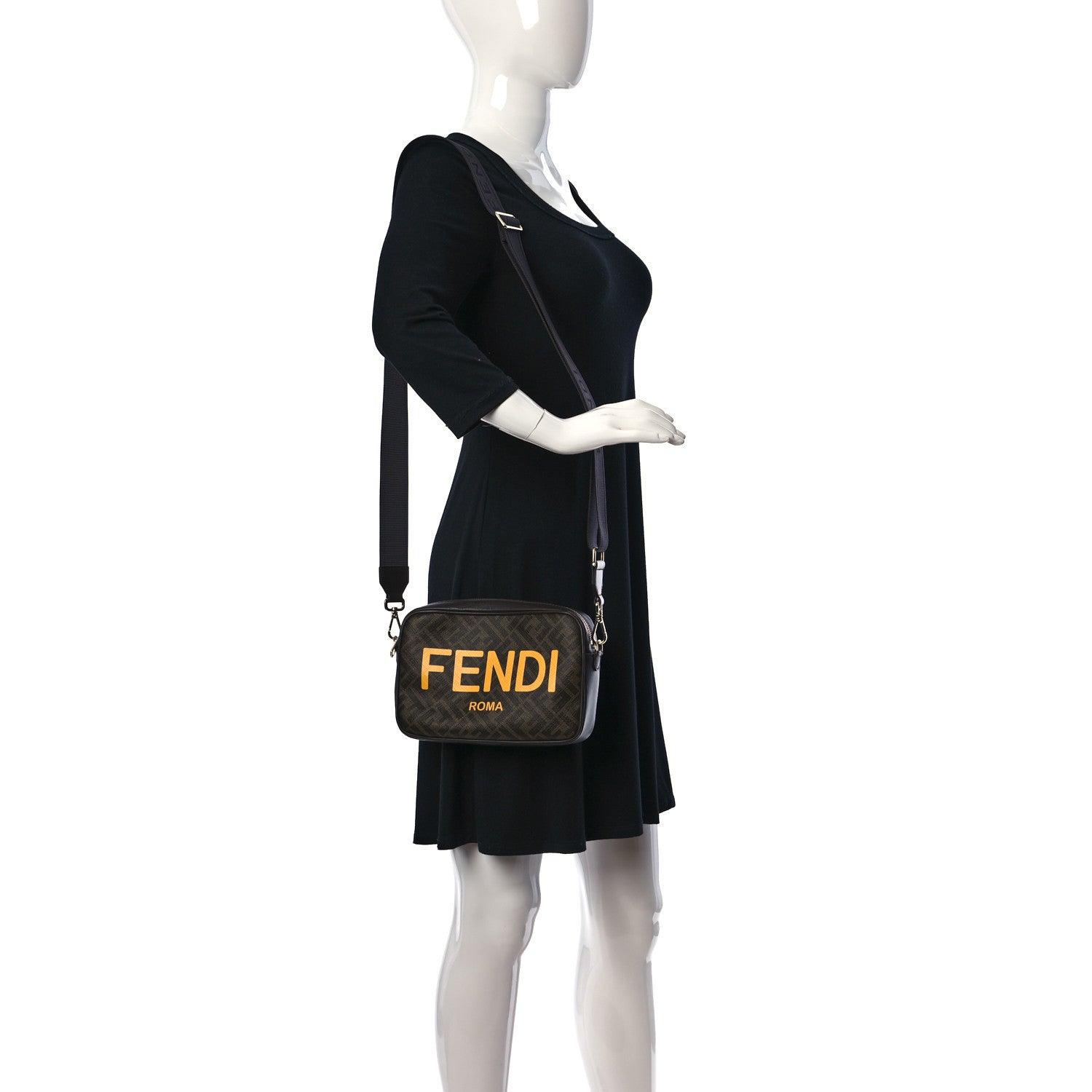 Fendi Shiny Glazed Fabric Vitello Cover FF 1974 Logo Medium Camera Case Tobacco Moro Giallo Ebano 2 of 13