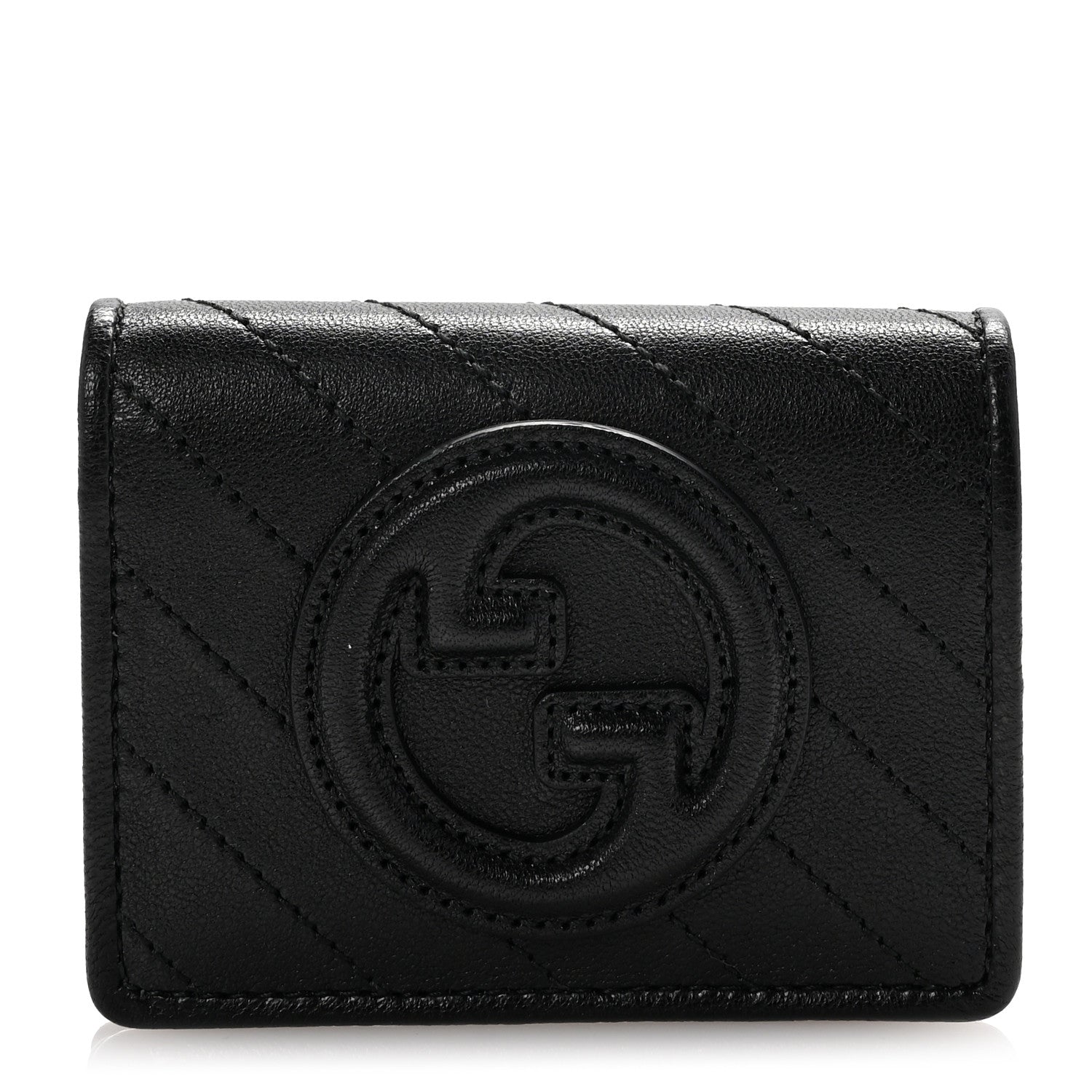 Gucci Sakai Be Green Calfskin Diagonal Stitched Blondie Card Case Wallet Black 1 of 8