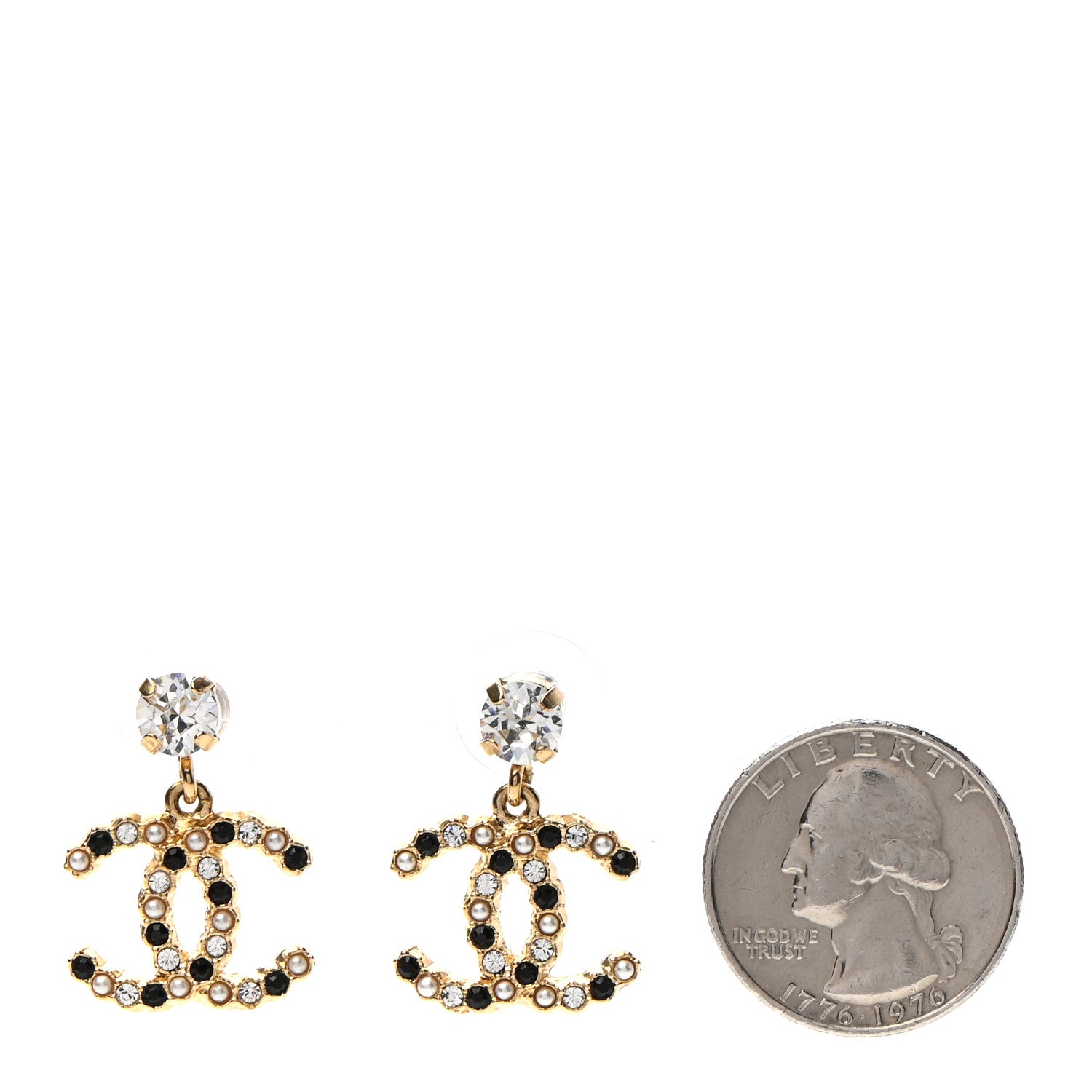 Chanel Resin Crystal Pearl CC Drop Earrings Gold Black 2 of 4