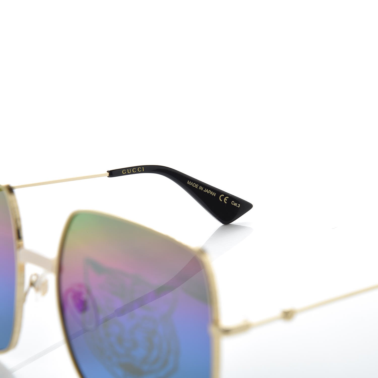 Gucci Metal Rectangular Frame Tiger Print Sunglasses GG0414S Gold 6 of 8