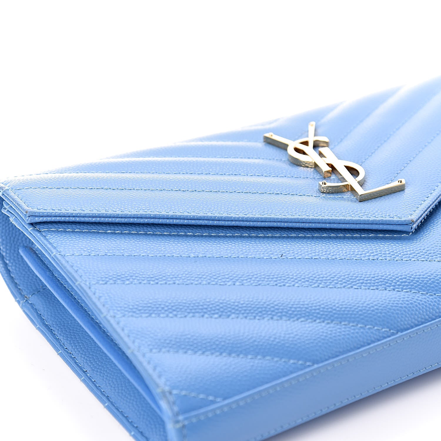 Saint Laurent Grain De Poudre Matelasse Chevron Monogram Chain Wallet Blue Clair 8 of 13