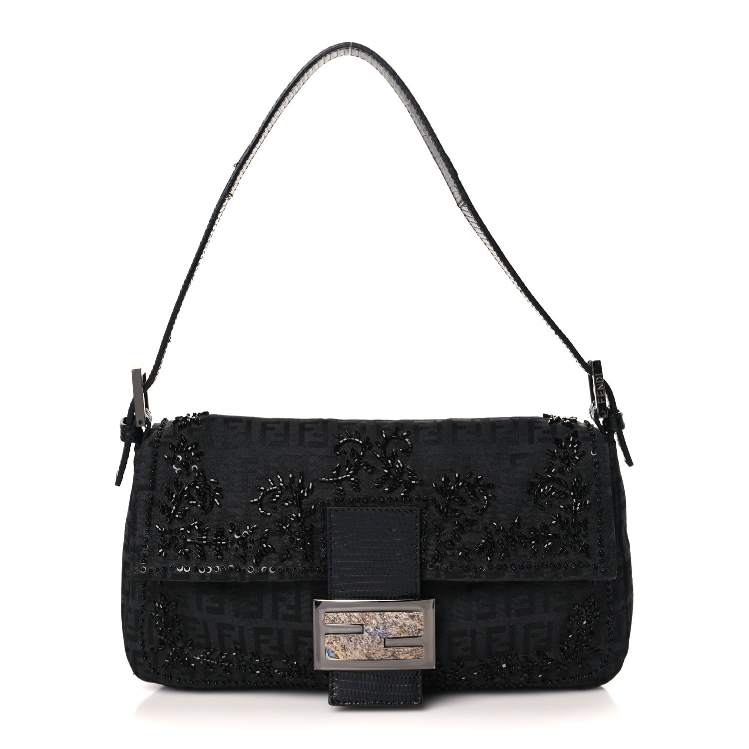 Fendi Zucchino Lizard Beaded Baguette Black 1 of 10