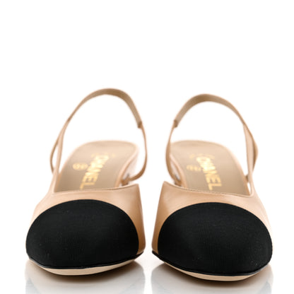 Chanel Goatskin Grosgrain Cap Toe CC Slingback Pumps 39 Beige Black 2 of 9