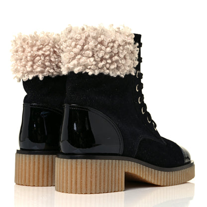 Chanel Calfskin Patent Fabric Lace Up Cap Toe CC Boots 39 Black Ivory 8 of 14