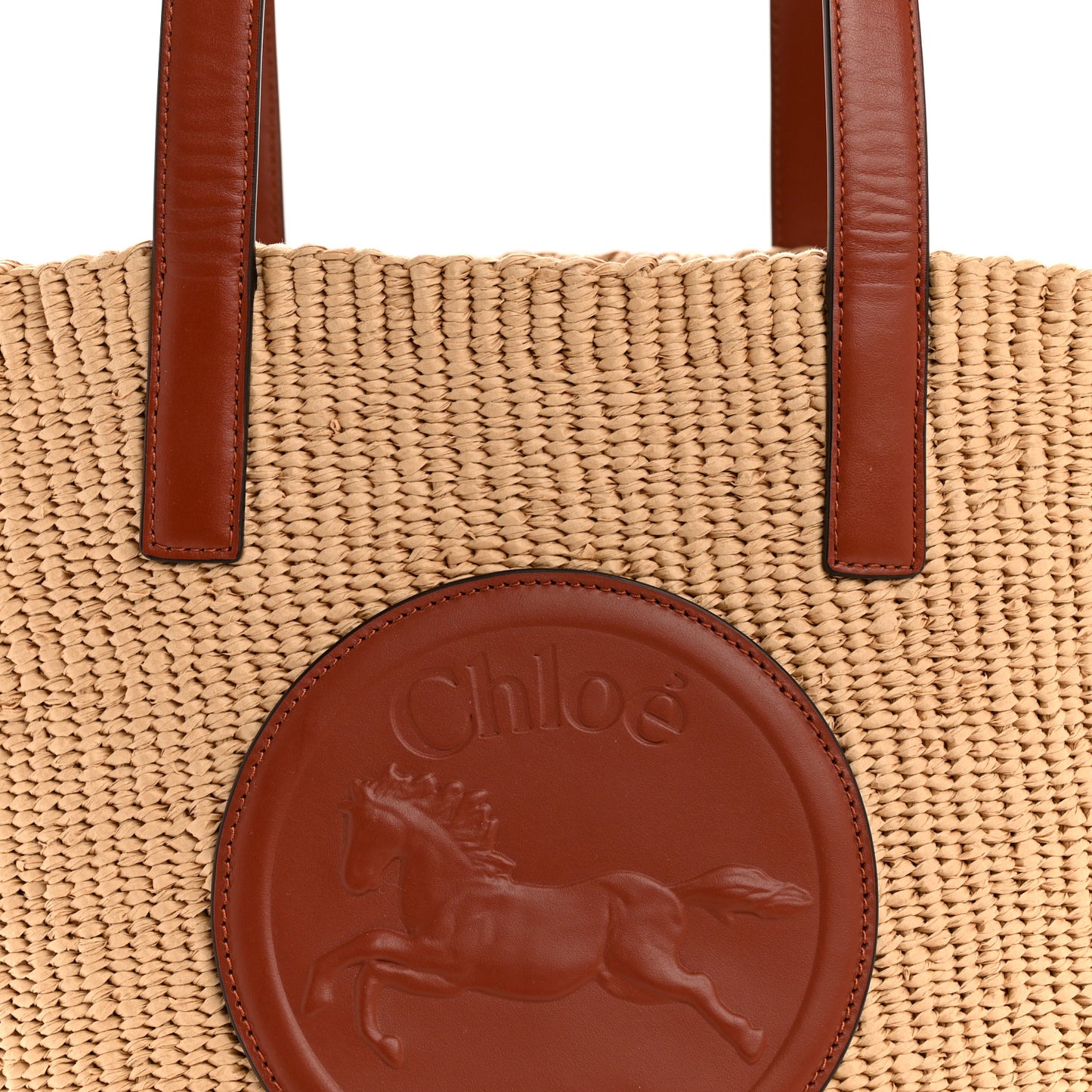 Raffia Calfskin Horse Medal Large Basket Tote Sepia Brown