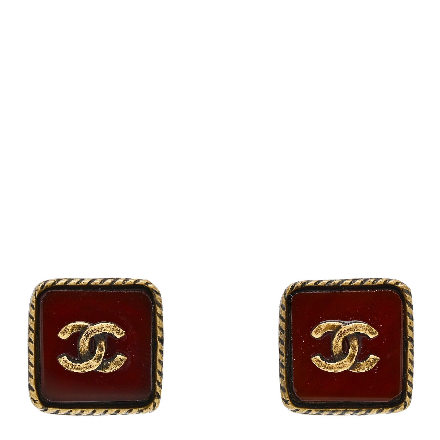 Chanel Resin CC Square Clip On Earrings Gold Burgundy 1 of 4