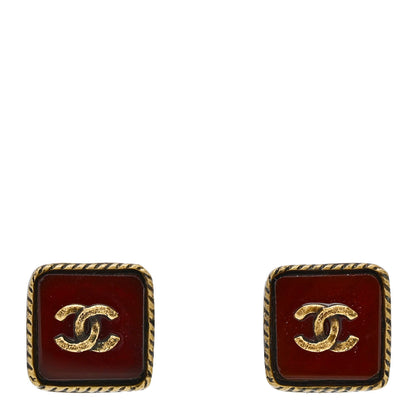 Chanel Resin CC Square Clip On Earrings Gold Burgundy 1 of 4