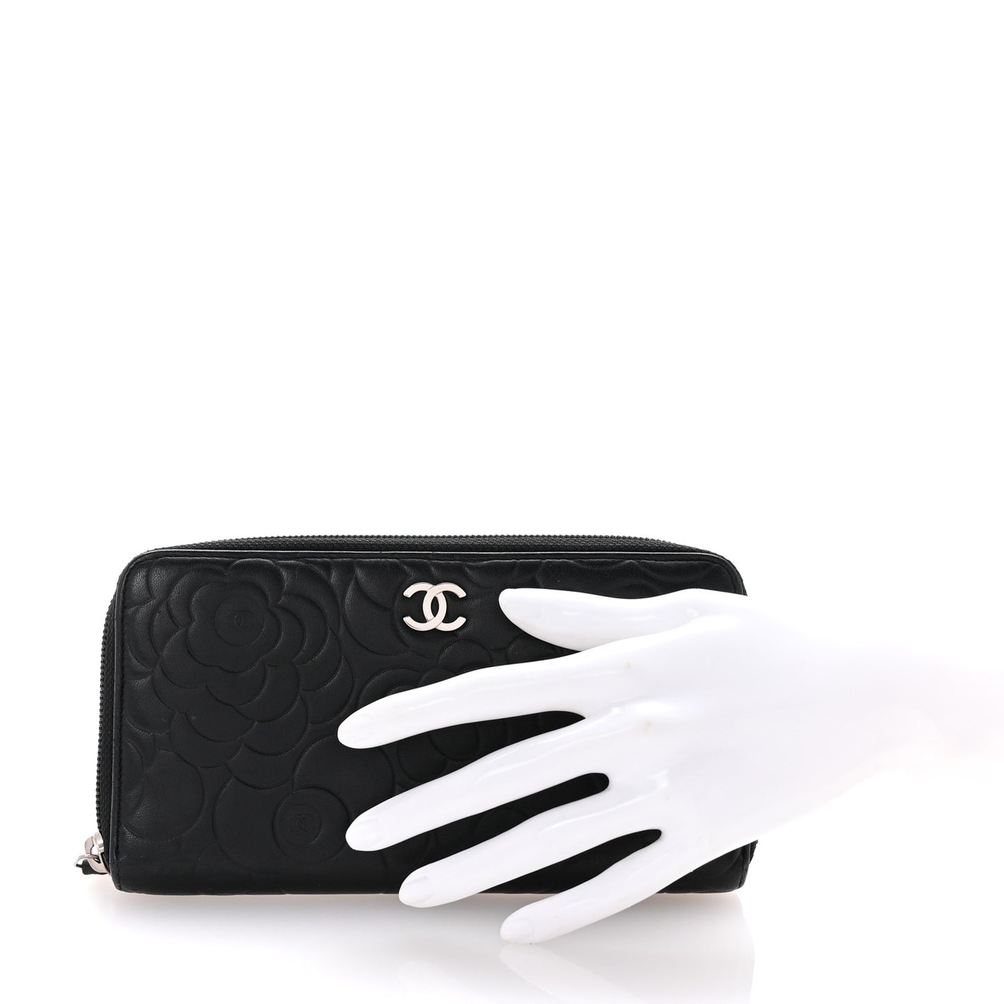 Lambskin Camellia Embossed Large Zip Around Gusset Wallet Black