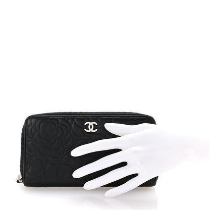 Chanel Lambskin Camellia Embossed Large Zip Around Gusset Wallet Black 2 of 8