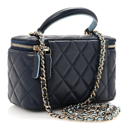 Chanel Lambskin Quilted Small Top Handle Vanity Case With Chain Dark Blue Light Blue 3 of 11
