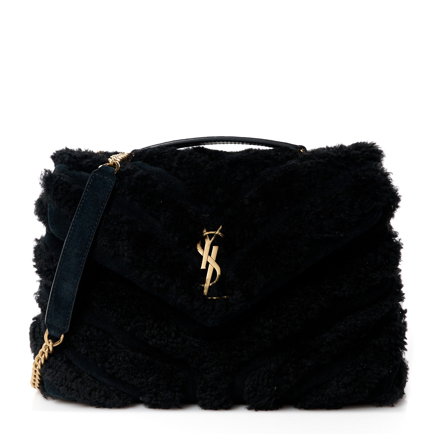 Saint Laurent Suede Shearling Y Quilted Monogram Small Loulou Chain Satchel Black 1 of 11