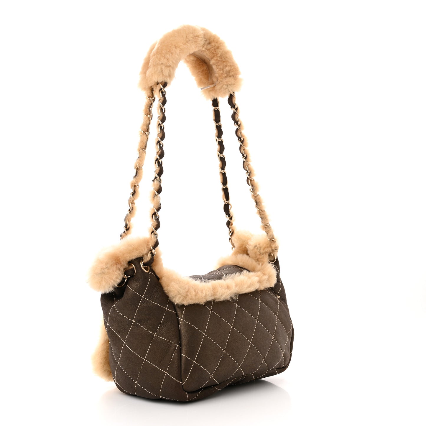 Shearling Suede Quilted Small Fur Flap Metallic Bronze