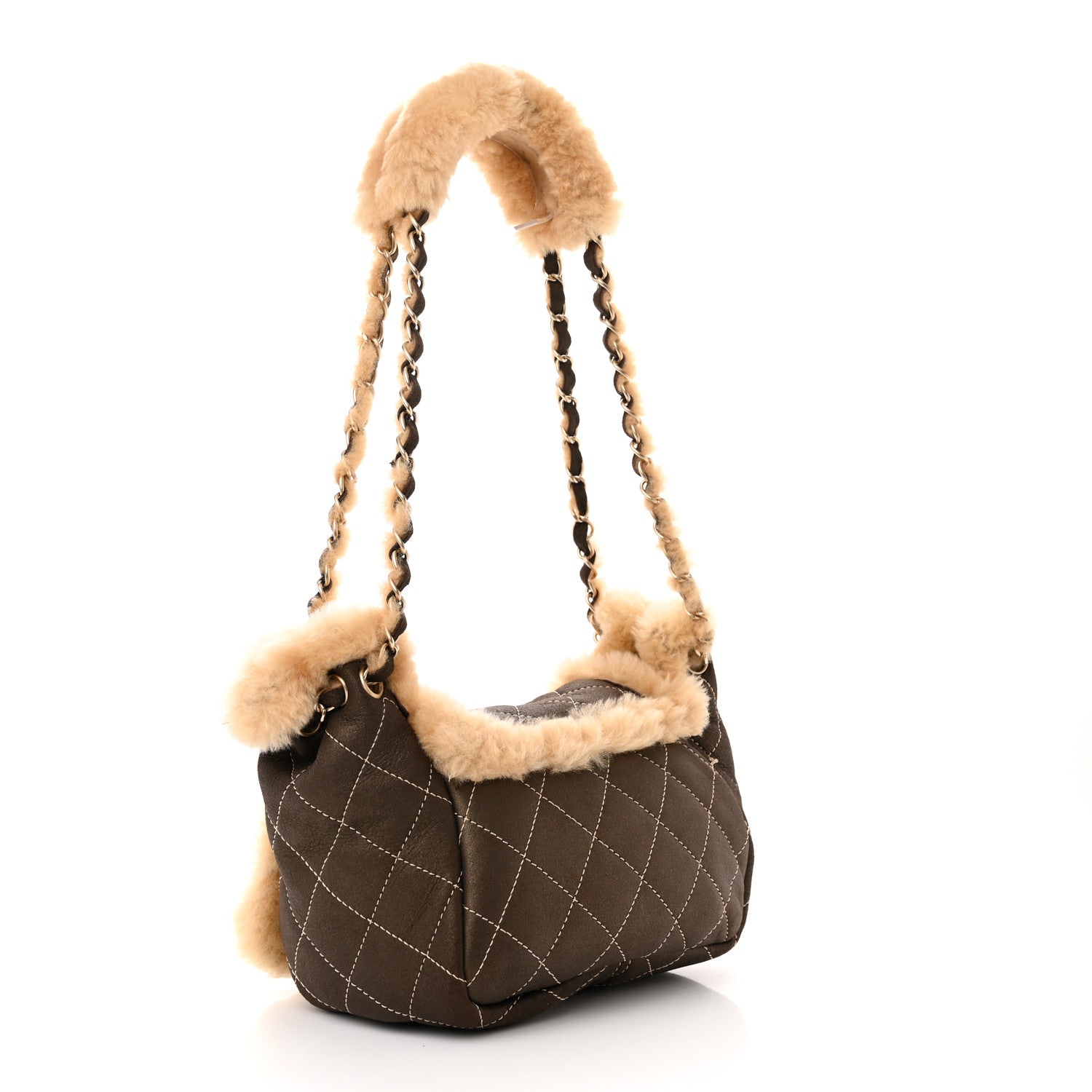 Chanel Shearling Suede Quilted Small Fur Flap Metallic Bronze 3 of 12