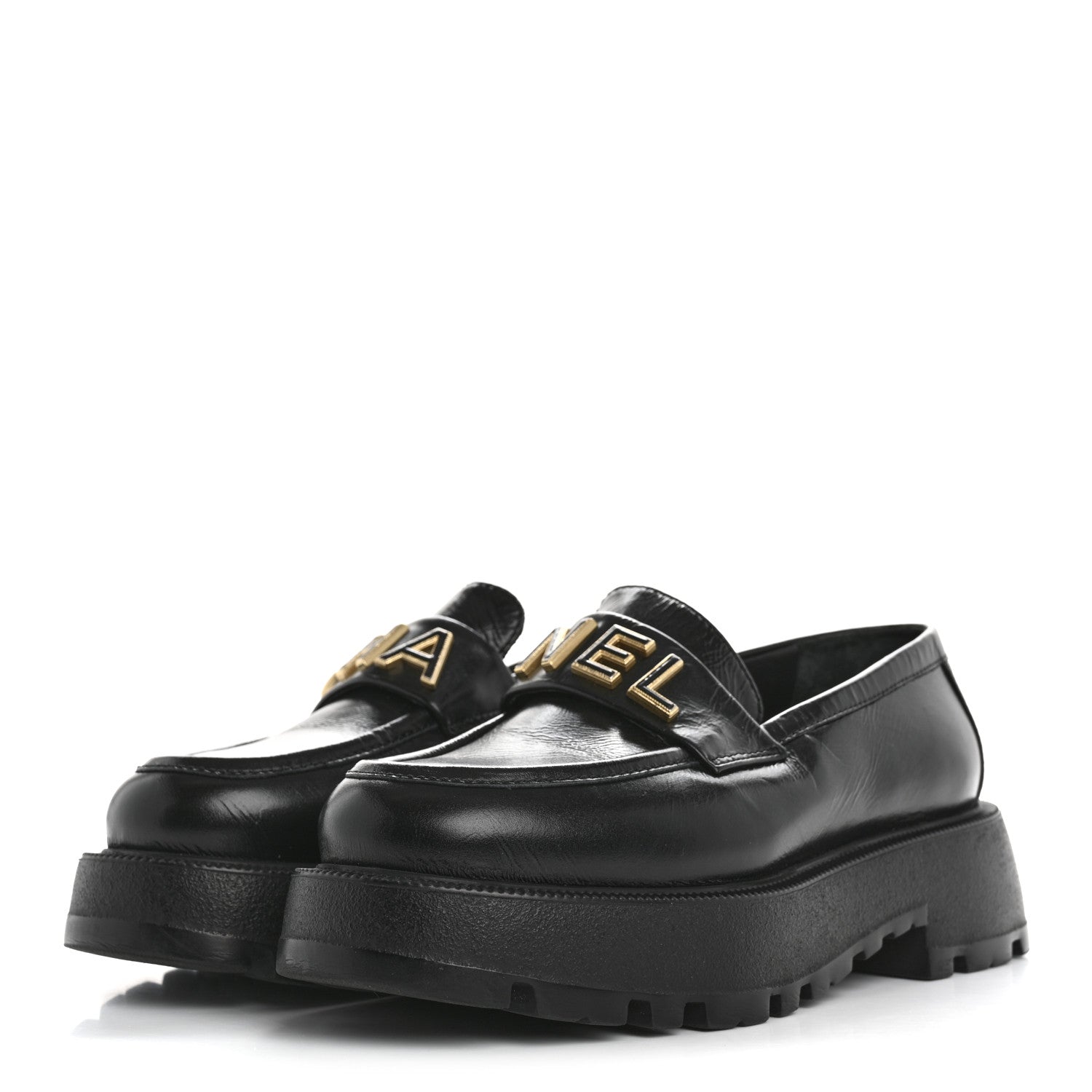 Chanel Shiny Calfskin Logo Loafers 35 Black 4 of 9